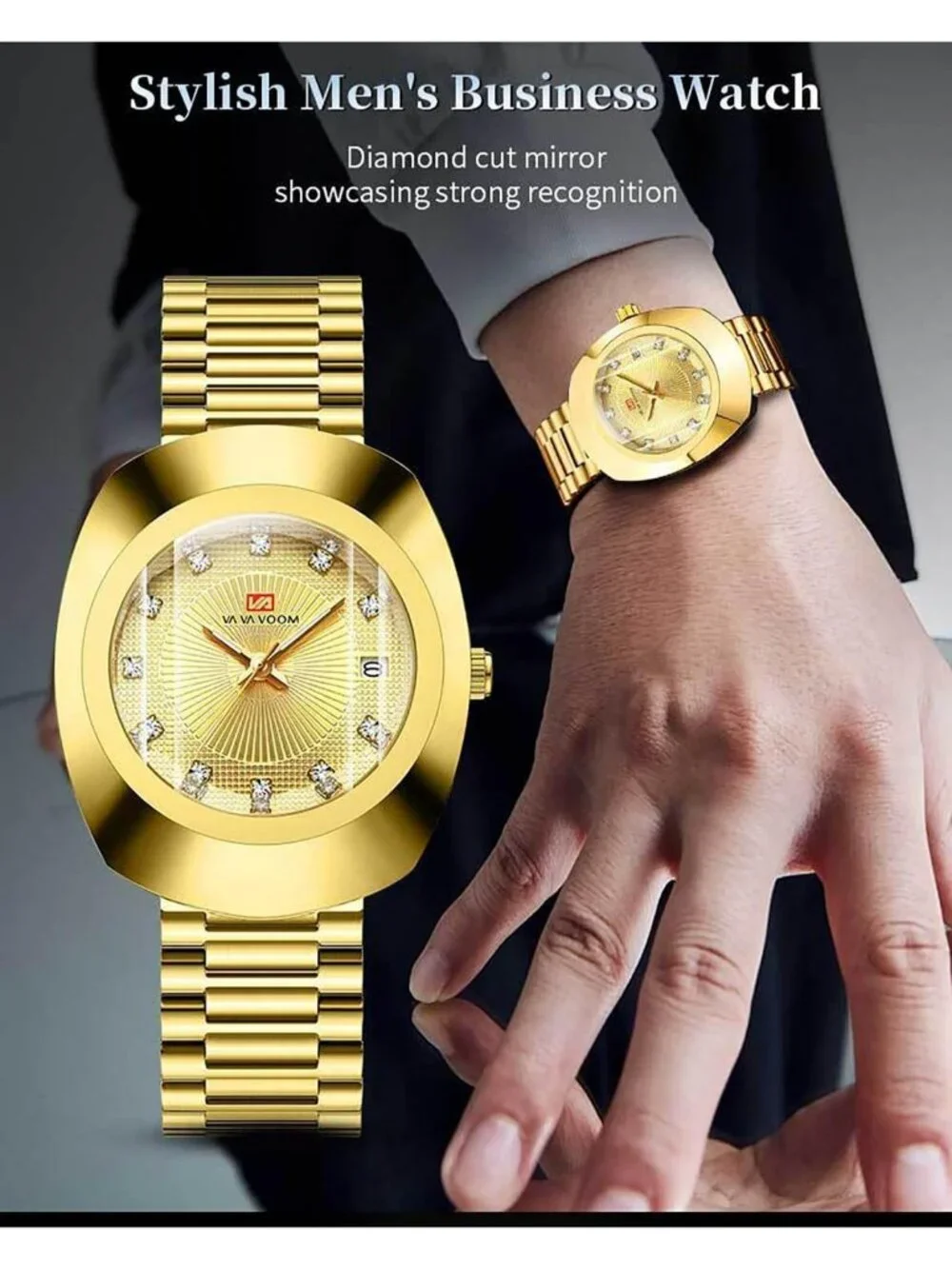 Men's Gold Casual Stainless Steel Oval Style Waterproof Quartz Date Wrist Watch